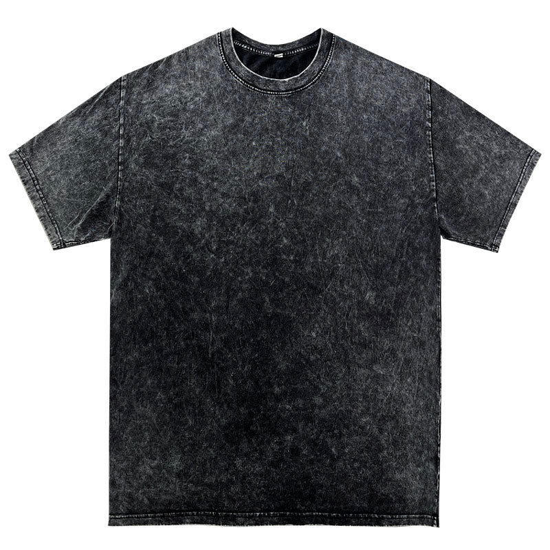 Washed distressed short-sleeved retro batik cotton loose round neck t-shirt for men