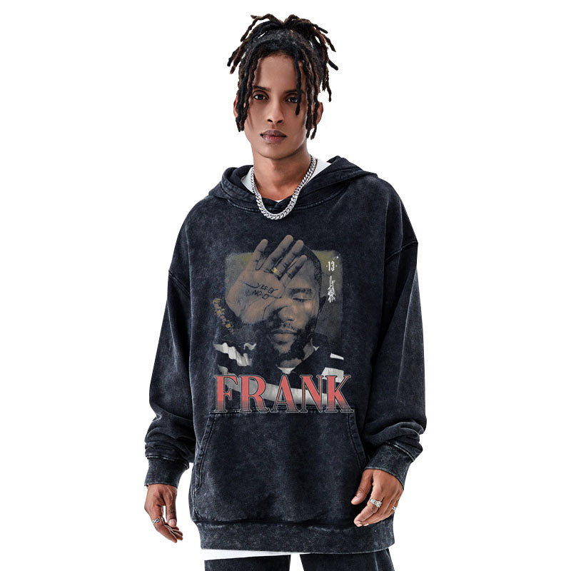 Men's hip hop character print 420G terry cotton heavy acid wash men's and women's hoodies