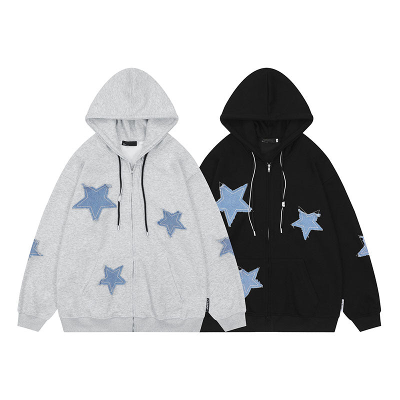 Oversized Crewneck Sweatshirt Women Autumn Trendy Vintage Star Patch Zip Up Hooded Jacket Loose Casual Couple Hoodie