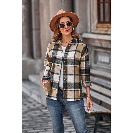 Women's Long Plaid Shacket Jacket Oversized Button Down Shirts Winter Warm Pea Coat