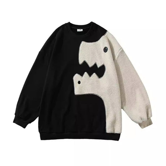 Dinosaur Embroidered Sweatshirt Oversized Cartoon Crew Neck Sweatshirt Pullover Streetwear