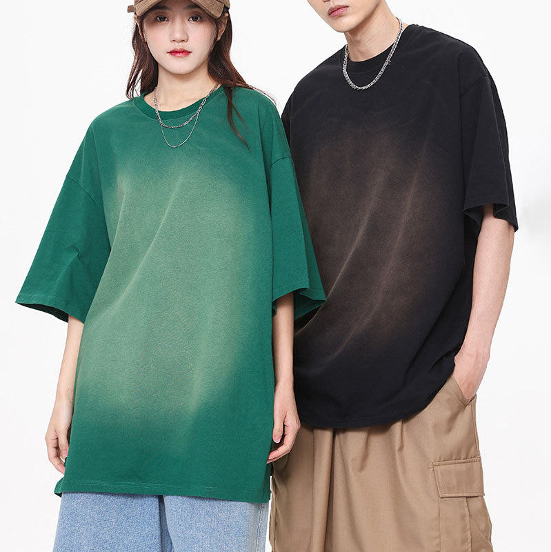 Men's and women's heavyweight pure cotton washed diffusion gradient summer loose short-sleeved T-shirt