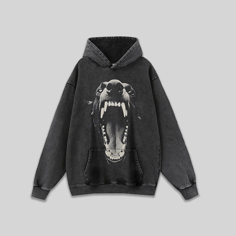 Doberman print heavyweight washed distressed hooded sweatshirt men's long-sleeved hoodie