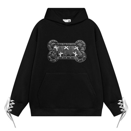 Bow bone patch PU embroidered hooded sweatshirt for men and women casual college style couple jackets for teenagers