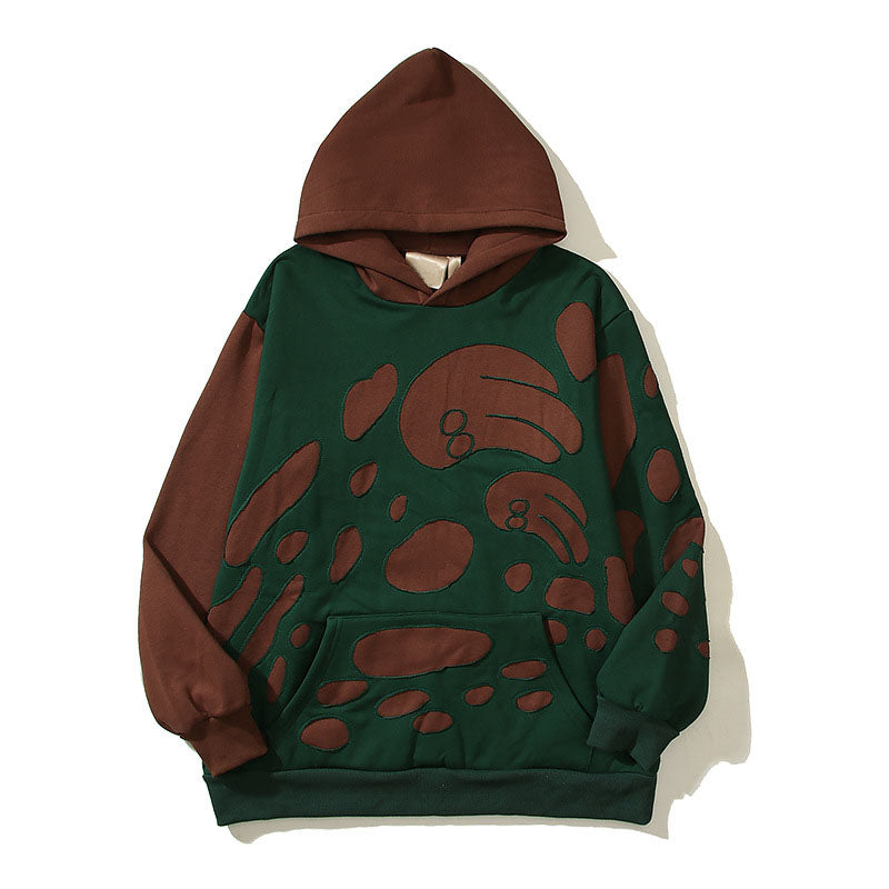 Wave double layer hollow patchwork patch plus velvet hooded sweatshirt for men and women