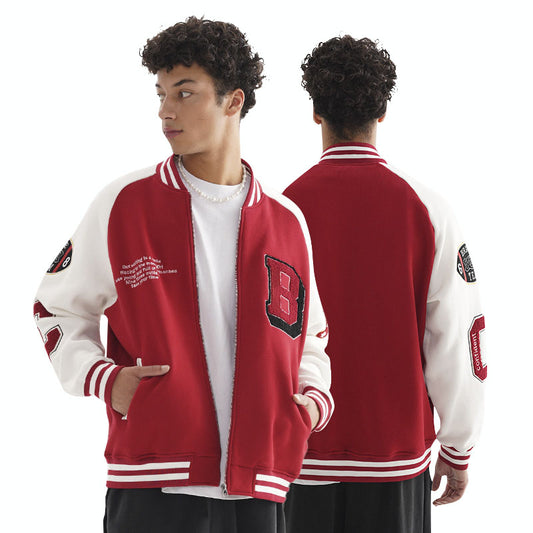 Men's new trendy brand baseball uniform men's jacket fashionable embroidered contrasting color stitching fleece jacket