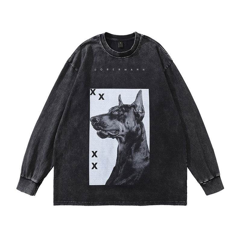 High Street Retro Doberman Direct Print Printed Washed Long Sleeve T-Shirt Men's Loose Top T-Shirt for Men