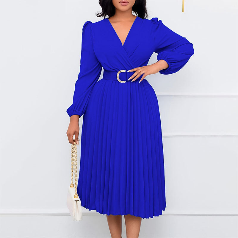 Women Casual Long Sleeve Belt Chiffon Dress Office Elegant Commuter Solid Party Dress Fashion Deep V-neck Wrap Long Dresses