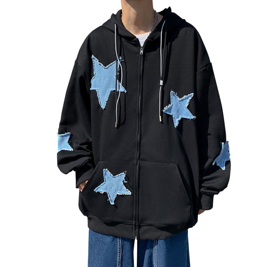 Men's cardigan sweatshirt with embroidered stars autumn and winter trend loose plus velvet thick hooded jacket