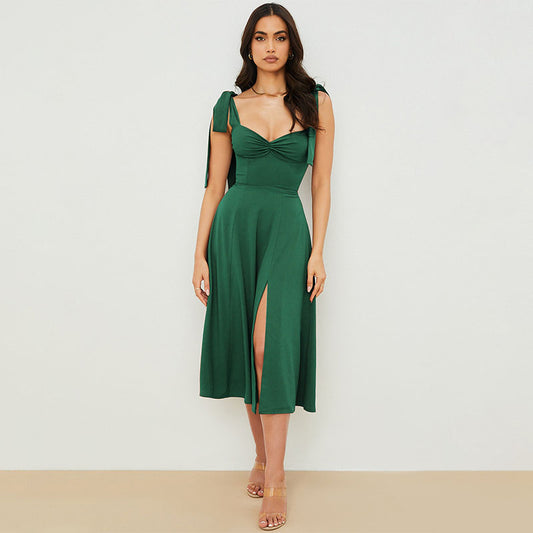 Tie Strap Fit & Flare High Slit Slip Midi Dress