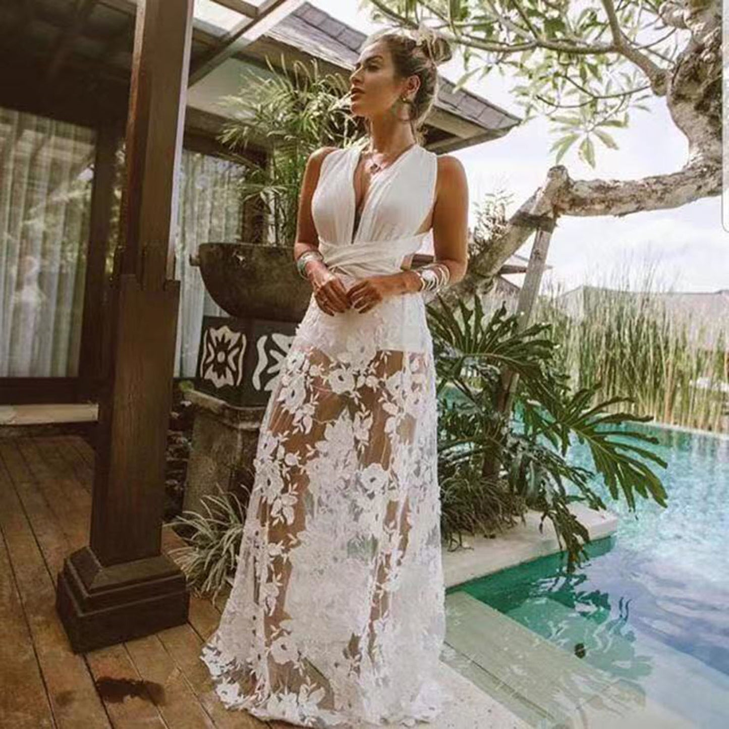 Summer Clothes for Women New Arrival See Through Beach Dress White Lace Sexy Robe Longue Femme Mesh Backless Floral Dress