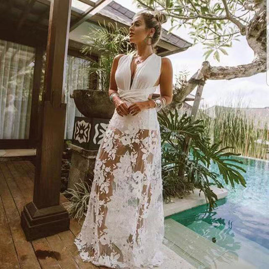 Summer Clothes for Women New Arrival See Through Beach Dress White Lace Sexy Robe Longue Femme Mesh Backless Floral Dress