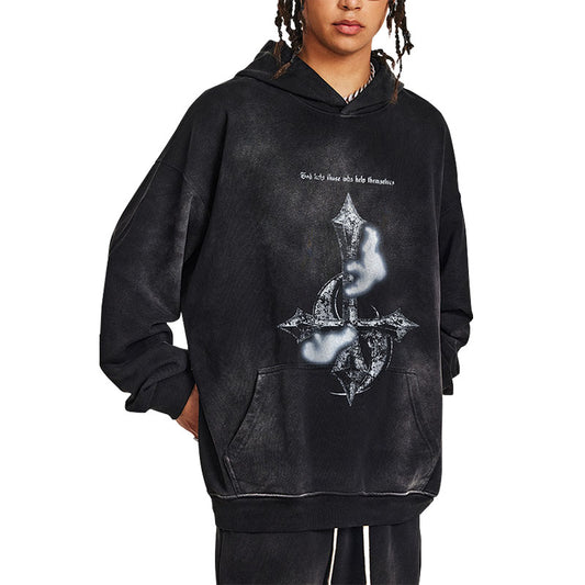 Men's Autumn Washed Heavy Metal Print Hooded Sweatshirt for Men