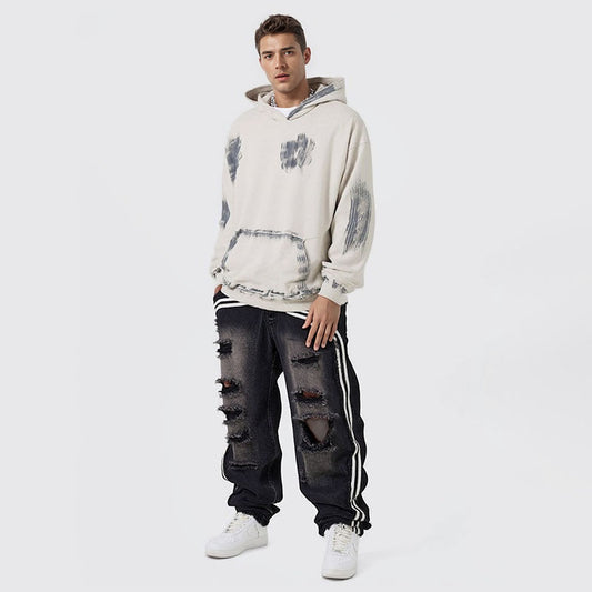 Autumn and winter loose version heavy street paint retro distressed hooded sweatshirt men's clothing