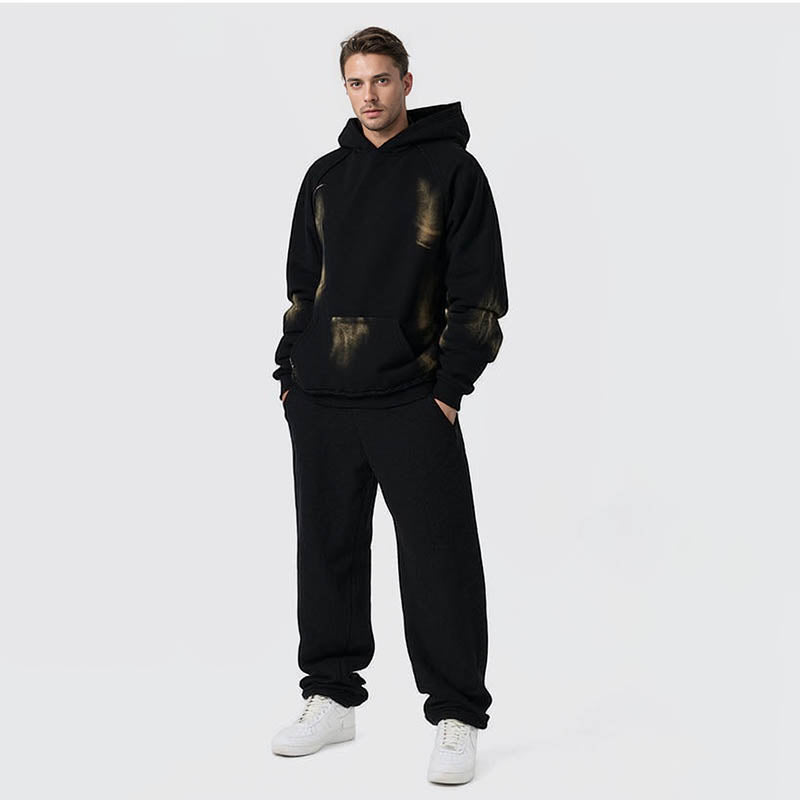 Autumn and winter heavyweight washed cut raglan hooded velvet sweatshirt men's sweatshirt