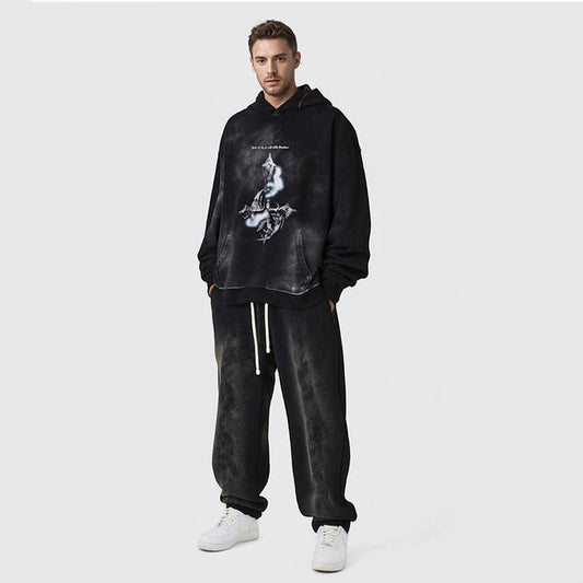 Men's Autumn Washed Heavy Metal Print Hooded Sweatshirt for Men