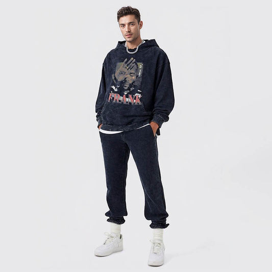 Men's hip hop character print 420G terry cotton heavy acid wash men's and women's hoodies