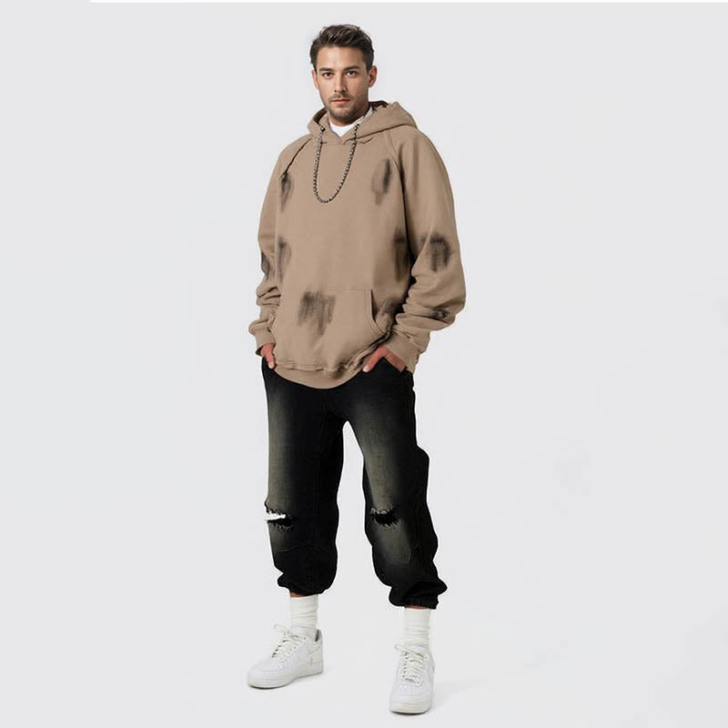 Autumn and winter heavyweight washed cut raglan hooded velvet sweatshirt men's sweatshirt