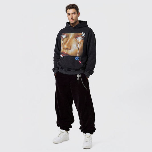High street design niche printed hooded sweatshirt for men and women hip-hop style washed and distressed hooded sweatshirt