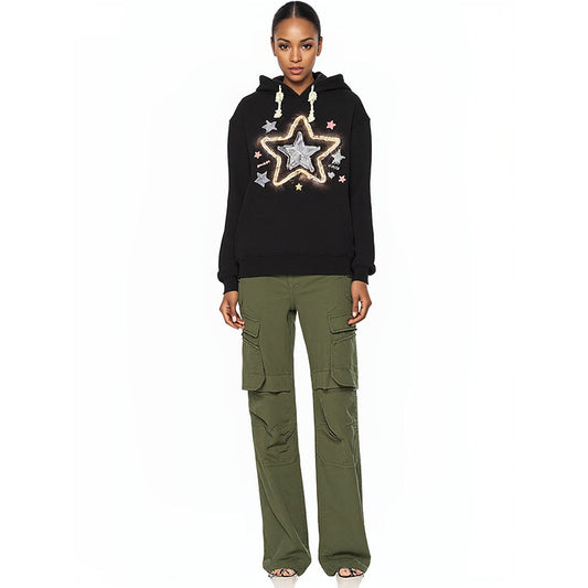 Retro star embroidered hooded sweatshirt for women thin loose and lazy design niche jacket