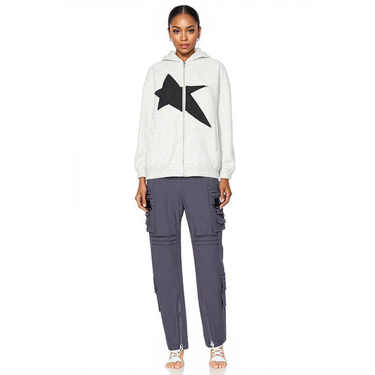 Star pattern patch decorated zipper sweatshirt for men and women in spring and autumn loose couple sports coat