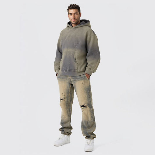 Men's 360G washed distressed plus velvet sweatshirt sprayed with monkey paint and a little worn hoodie men's sweatshirt