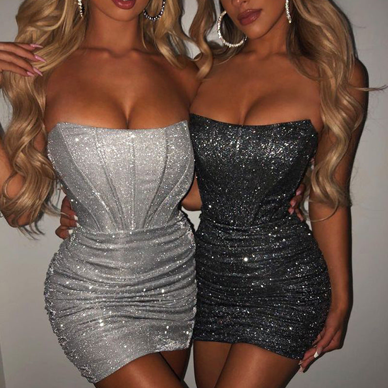 Bodycon Party Dress For Women  Sexy Satin Backless Club Clothes Off Shoulder Strapless Vestidos Woman Elegant