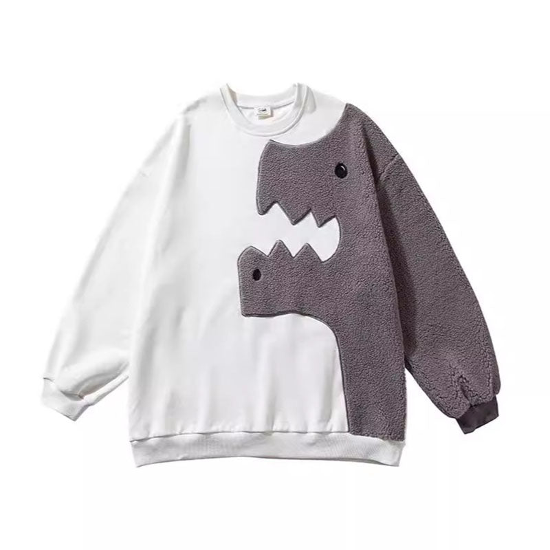 Dinosaur Embroidered Sweatshirt Oversized Cartoon Crew Neck Sweatshirt Pullover Streetwear