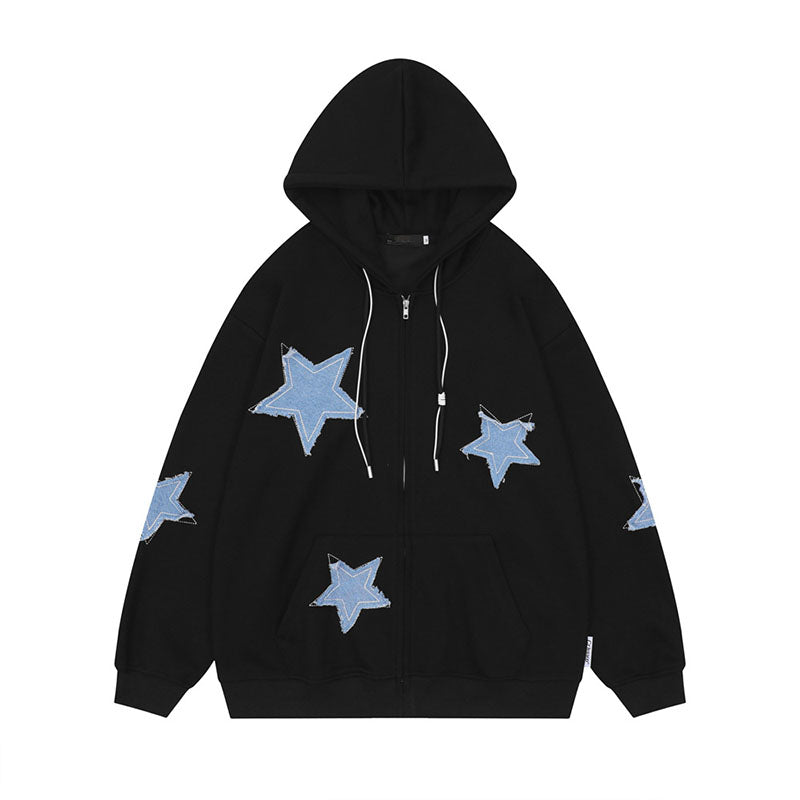 Oversized Crewneck Sweatshirt Women Autumn Trendy Vintage Star Patch Zip Up Hooded Jacket Loose Casual Couple Hoodie