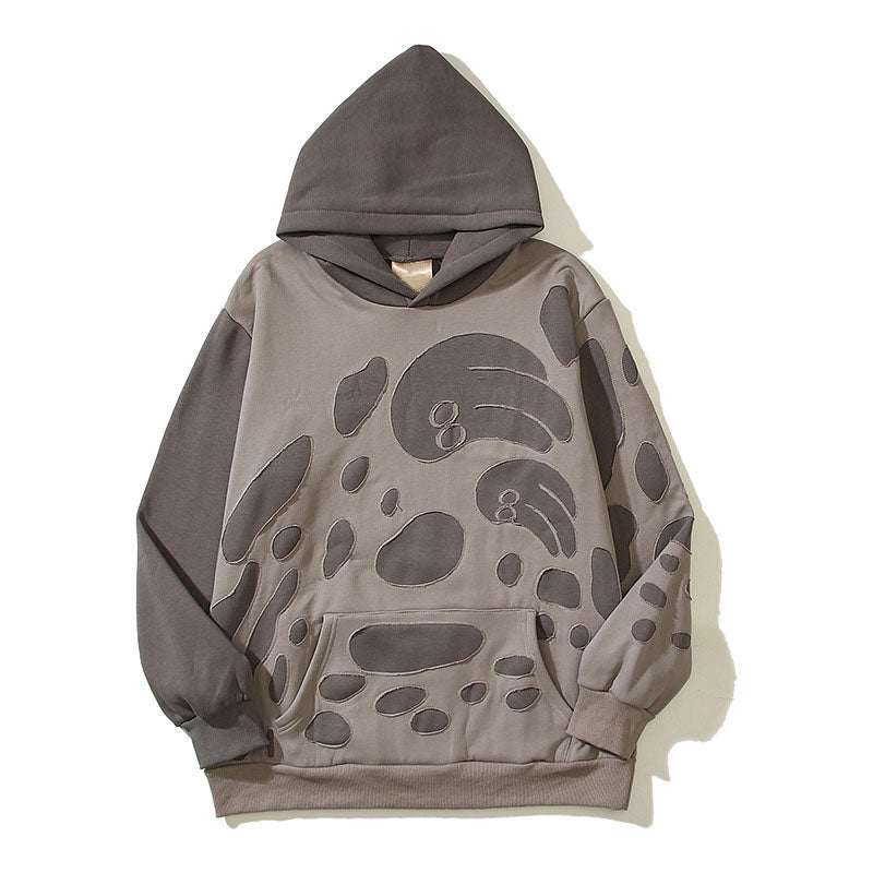 Wave double layer hollow patchwork patch plus velvet hooded sweatshirt for men and women