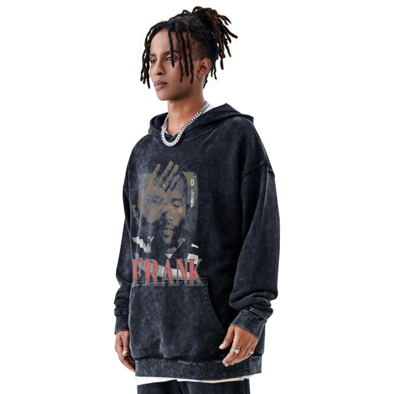 Men's hip hop character print 420G terry cotton heavy acid wash men's and women's hoodies