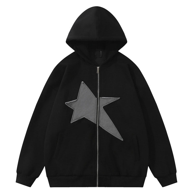 Star pattern patch decorated zipper sweatshirt for men and women in spring and autumn loose couple sports coat