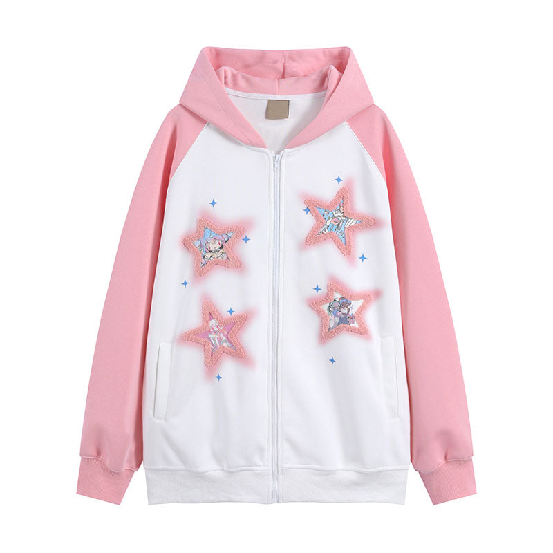 Autumn and winter sweatshirt jacket dopamine star patch embroidered sweatshirt men and women zipper hooded sweatshirt