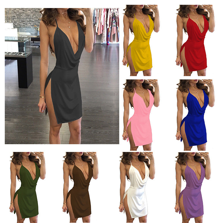 Women's Sexy Deep V-Neck Halter Backless Slit Mini Party Club Dress