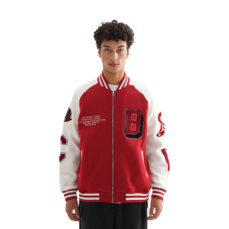 Men's new trendy brand baseball uniform men's jacket fashionable embroidered contrasting color stitching fleece jacket