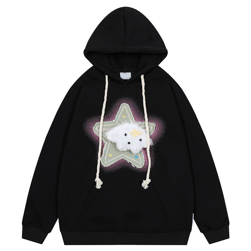 Three-dimensional patch embroidery removable plush puppy design hooded sweatshirt for men and women loose hoodie for couples