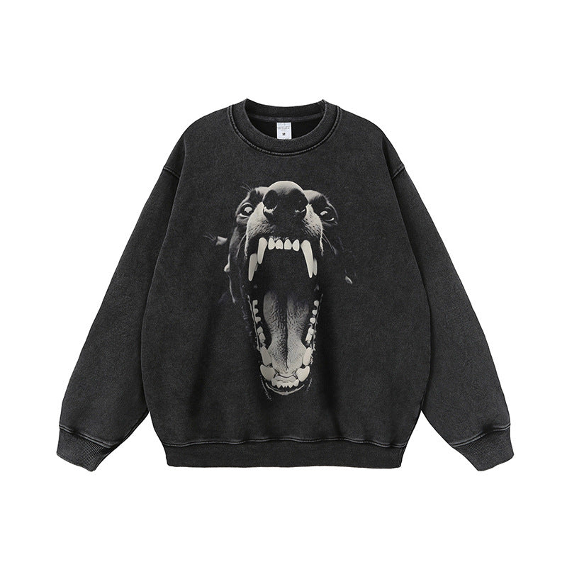 Doberman print heavyweight washed distressed hooded sweatshirt men's long-sleeved hoodie