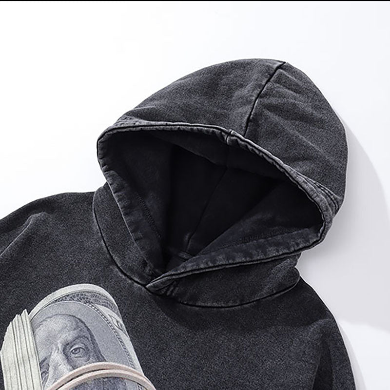 US dollar print heavy distressed hooded sweatshirt retro washed hoodie for men