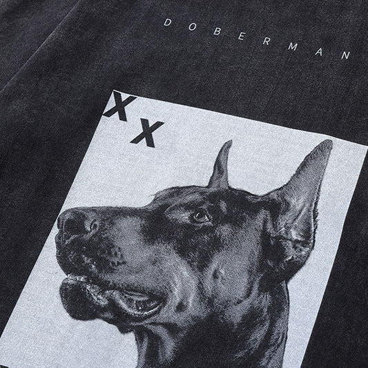 High Street Retro Doberman Direct Print Printed Washed Long Sleeve T-Shirt Men's Loose Top T-Shirt for Men