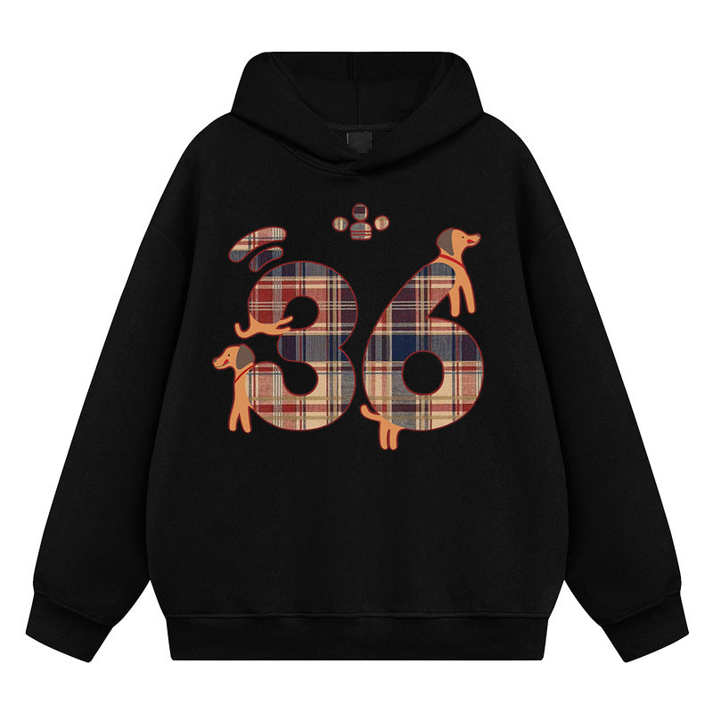 Black hooded sweatshirt spring and autumn design plaid dachshund 36 digital print niche lazy early autumn men's clothing