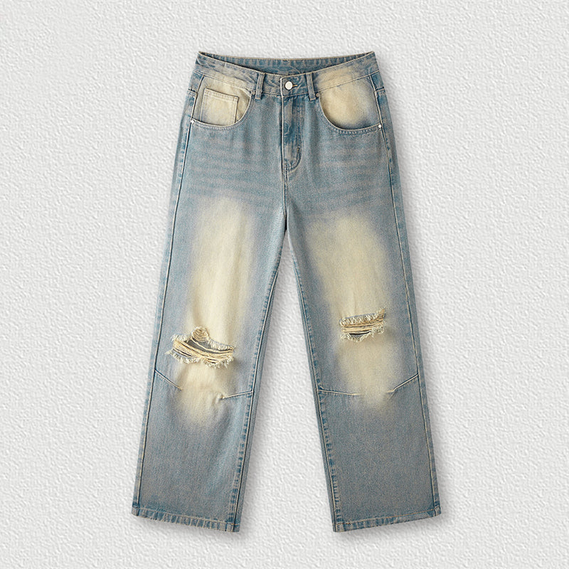 Washed vintage ripped straight-leg jeans