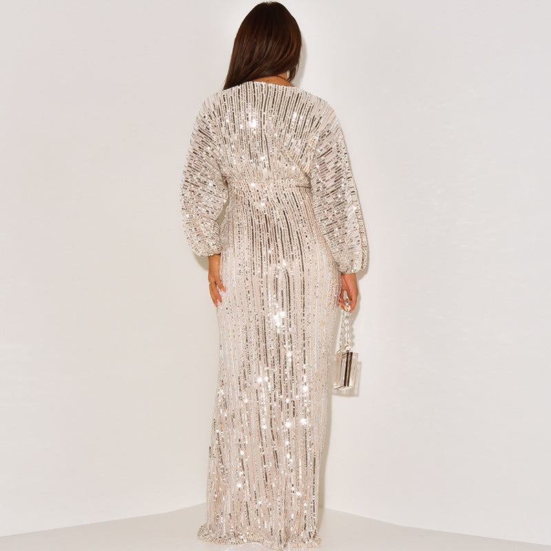 Women's dress sequined long-sleeved V-neck sexy sequined long dress