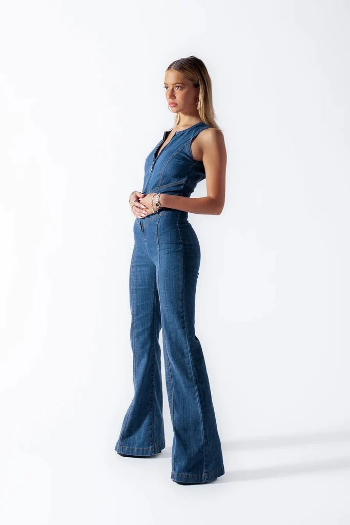 Womens Sexy Slim Fit High Waist Denim Jumpsuit Sleeveless Zipper Backless Wide Leg Rompers