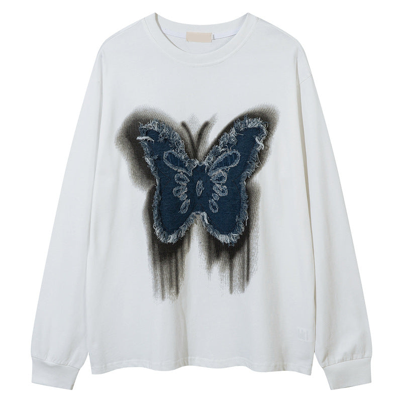 Butterfly patch tassel design long-sleeved T-shirt for men and women loose couple casual autumn bottoming shirt