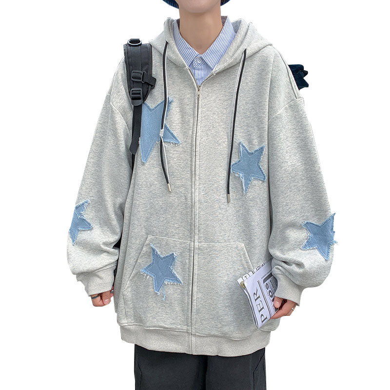 Men's cardigan sweatshirt with embroidered stars autumn and winter trend loose plus velvet thick hooded jacket