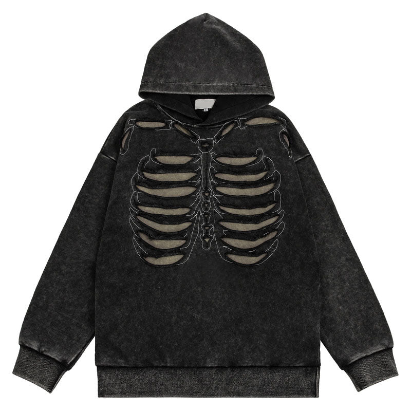 Men's Skull Hole Design Hip-Hop Hooded Sweatshirt Men's Acid Wash Couple Jacket Hooded Men's Clothing