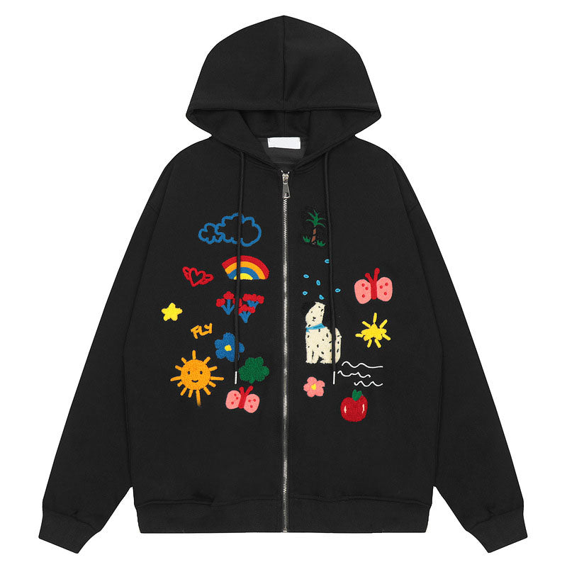 Men's autumn new cute style cartoon fun embroidered cardigan hoodie sweatshirt for men and women