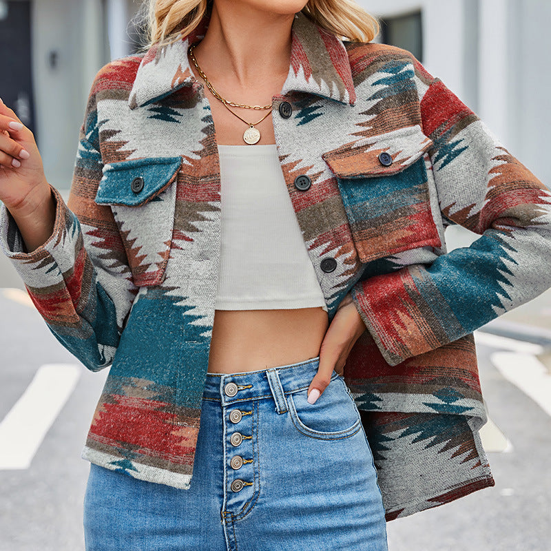 Women's Aztec Print Lapel Button Shirt Jacket Casual Geometric Collar Long Sleeve Tops Fall Trendy Clothes