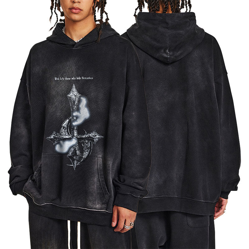 Men's Autumn Washed Heavy Metal Print Hooded Sweatshirt for Men