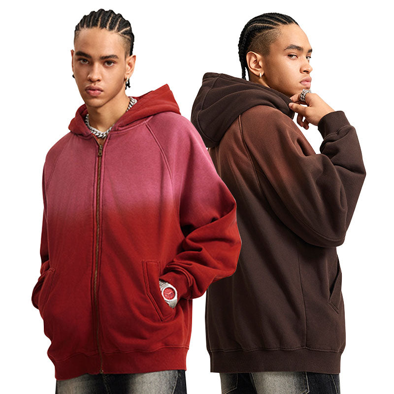 Men's Autumn and Winter New Gradient Sweater Retro Washed Distressed Zipper Jacket Hoodie